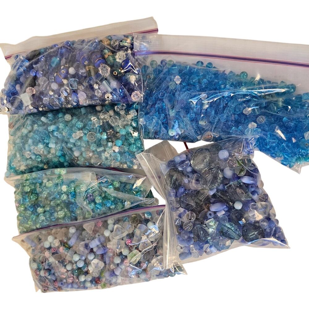 Blue Aqua Glass Acrylic Beads Lot 2.6 Lbs Mixed Shapes Jewelry Craft Supply
